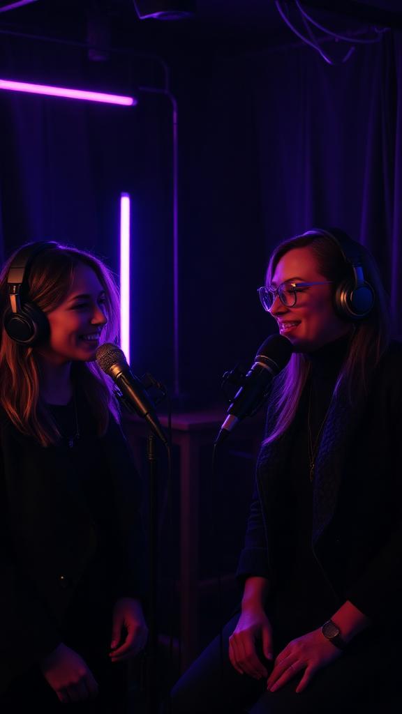 Two podcast hosts recording in a studio