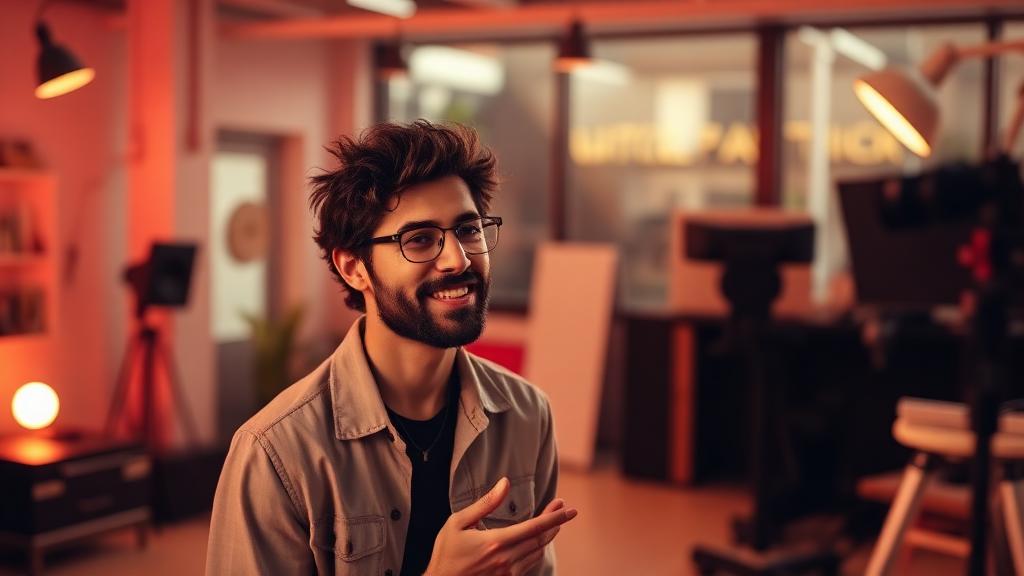 Creator talking to camera in a warm-lit studio